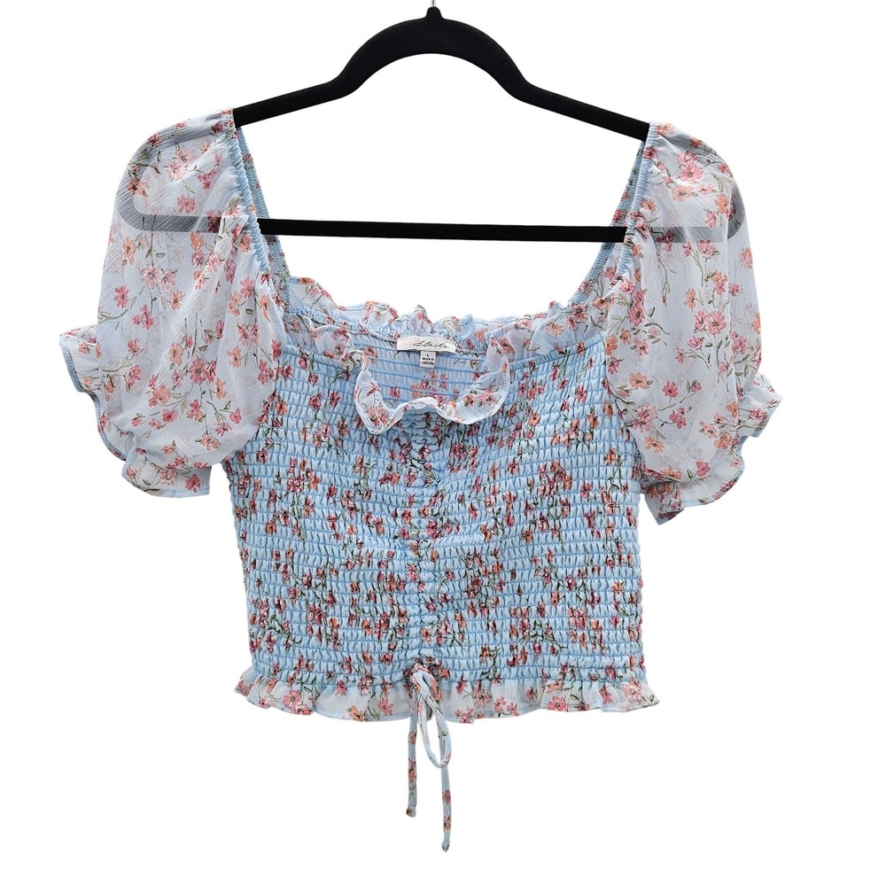 Blashe Blue Floral Smocked Crop Top Puff Sleeve Ruffle Square Neck Large